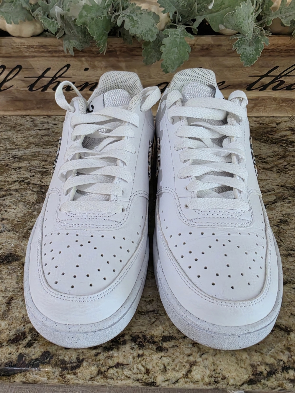 Nike White Leather Sneakers with Leopard-Print Swoosh - Picture 4 of 5